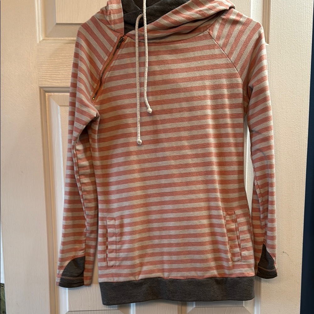 AMPERSAND AVE Pink and Gray Striped Hoodie